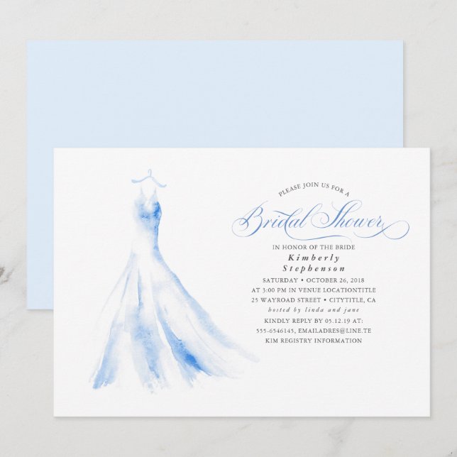 Elegant Wedding Dress Dusty Blue Bridal Shower Invitation (Front/Back)
