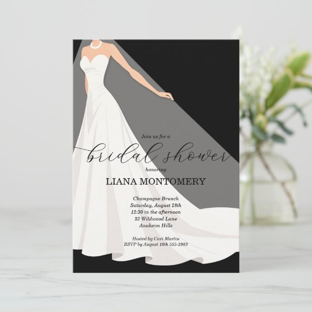 Elegant Wedding Dress on Black Bridal Shower Invitation (Standing Front)