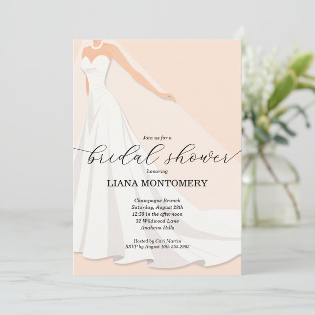 Elegant Wedding Dress Peach Bridal Shower Invitation (Standing Front)