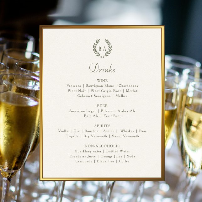 Elegant Wedding Drinks Bar Menu Green Cream Sign (Creator Uploaded)