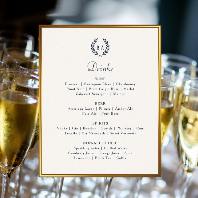 Elegant Wedding Drinks Bar Menu Navy Cream Sign (Creator Uploaded)