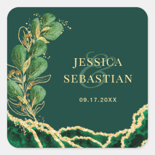 Elegant Wedding Emerald & Gold Agate Eucalyptus Square Sticker