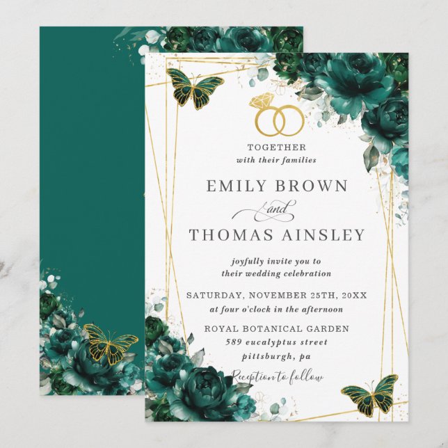 Elegant Wedding Emerald Green Floral Butterflies Invitation (Front/Back)