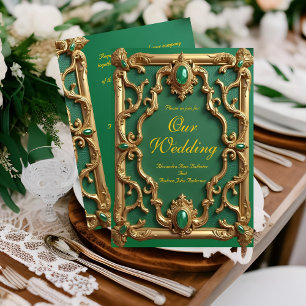 Elegant Wedding Emerald Green Gems Gold Ornate Invitation