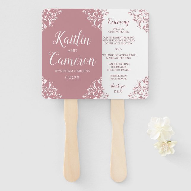 Elegant Wedding Fans - Programs Dusty Rose / Mauve (Front and Back)