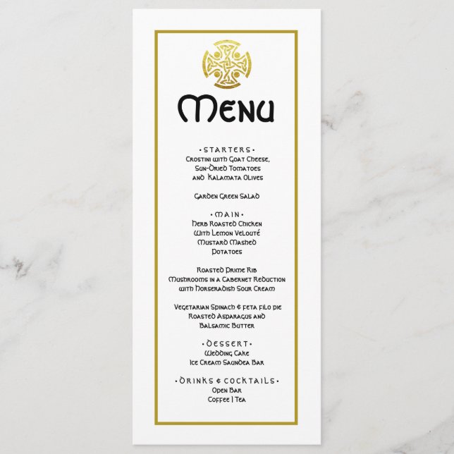 Elegant Wedding  Faux Gold Celtic Cross  Wedding Menu (Front)