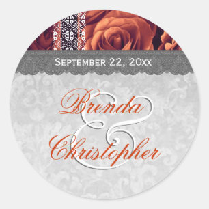 Elegant Wedding Favour ORANGE Roses and Lace V09 Classic Round Sticker