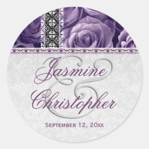 Elegant Wedding Favour PURPLE Roses and Lace V07 Classic Round Sticker