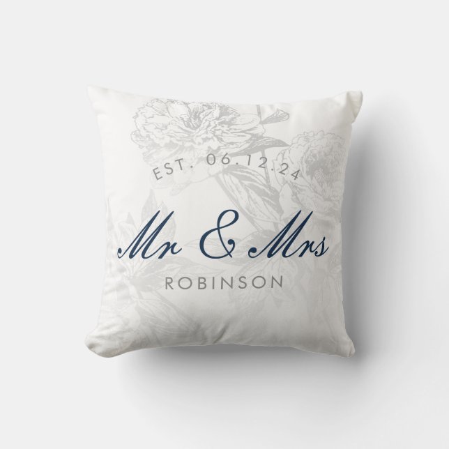 Elegant Wedding Favour Simple Floral Silver Navy Cushion (Front)