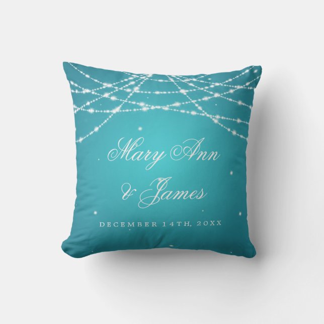 Elegant Wedding Favour Sparkling String Turquoise Cushion (Front)