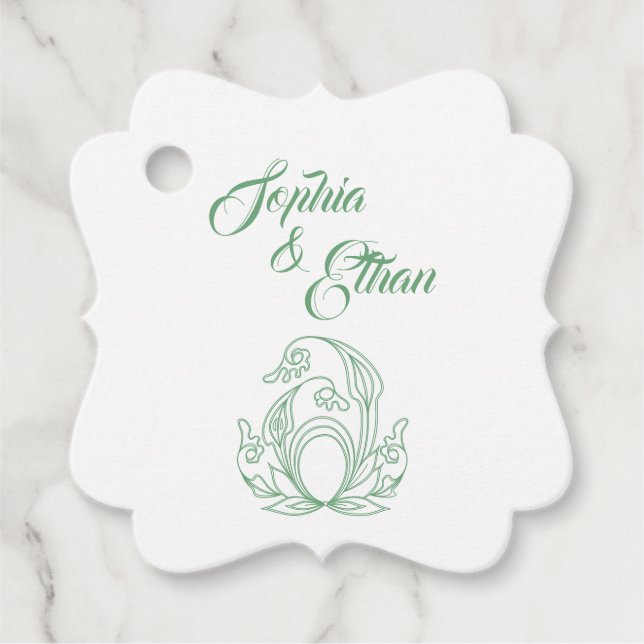 Elegant Wedding Favour Tag – Green Rose Filigree (Front)