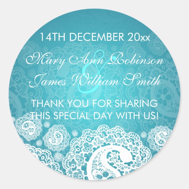 Elegant Wedding Favour Tag Paisley Lace Blue (Front)