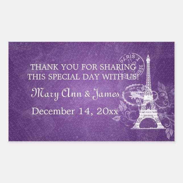 Elegant Wedding Favour Tag Romantic Paris Purple (Front)
