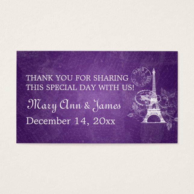 Elegant Wedding Favour Tag Romantic Paris Purple (Front)