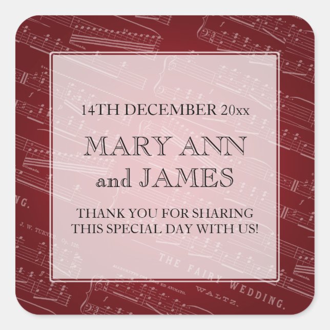 Elegant Wedding Favour Tag Sheet Music Red (Front)