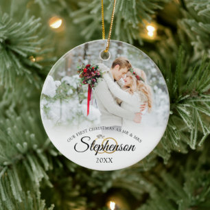 Elegant Wedding First Christmas Mr and Mrs 2 Photo Ceramic Tree Decoration