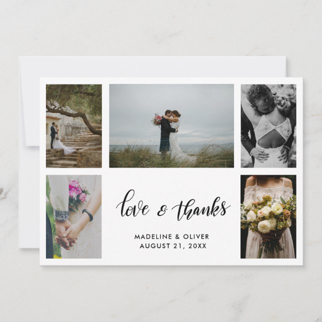 Elegant Wedding Five Photos | Love & Thanks Script Thank You Card (Front)