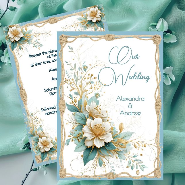 Elegant Wedding Floral Blue Green White Flowers Invitation (Creator Uploaded)