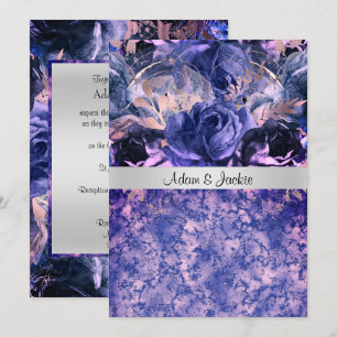 ELEGANT WEDDING FLORAL BLUE PINK MARBLE INVITATION