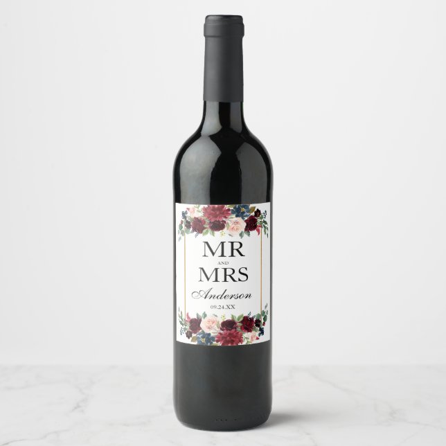 Elegant Wedding Floral Burgundy Blue Gold Wine Label (Front)