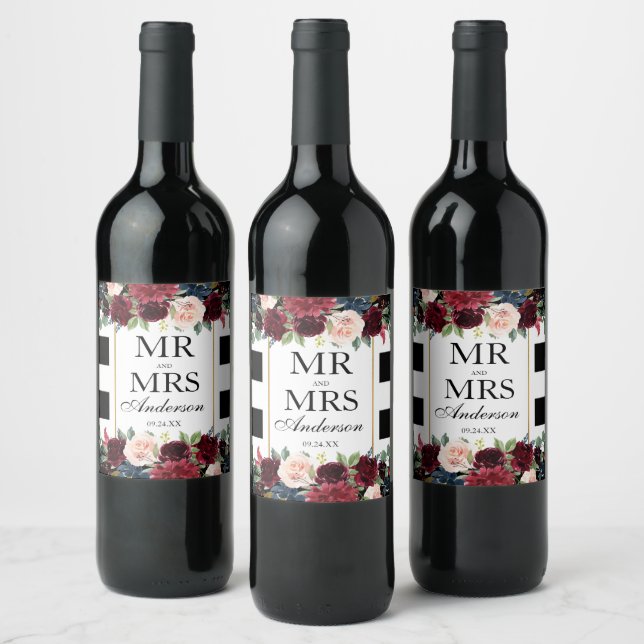 Elegant Wedding Floral Burgundy Blue Striped Wine Label (Bottles)