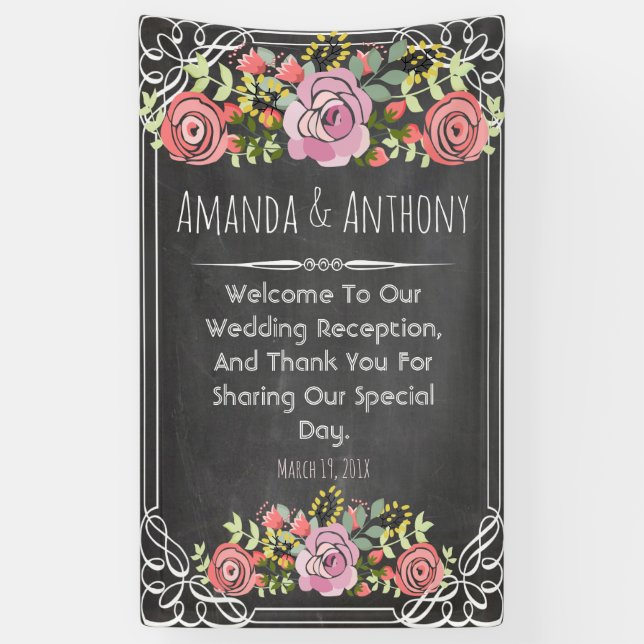 Elegant wedding floral chalkboard banner (Vertical)
