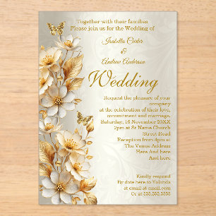 Elegant Wedding Floral Cream Gold Butterflies Acrylic Invitations