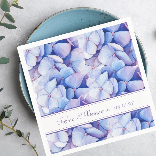 Elegant Wedding Floral Hydrangea Blue & Lavender Napkin (These personalized hydrangea wedding napkins are perfect for an elegant, chic coastal garden party.)