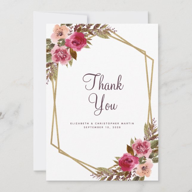 Elegant  Wedding  Floral Purple Gold Frame Thank You Card (Front)