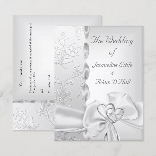 Elegant Wedding Floral Silver White Bow Hearts Invitation (Front/Back)