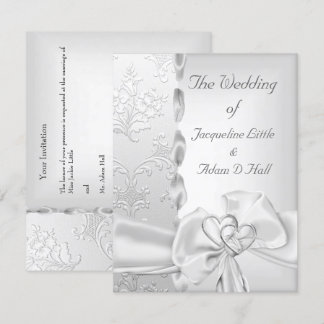 Elegant Wedding Floral Silver White Bow Hearts Invitation