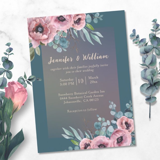 Elegant Wedding Floral Teal Pink Watercolor Invitation (Creator Uploaded)
