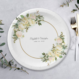 Elegant Wedding Floral Watercolor Gold White Party Paper Plate