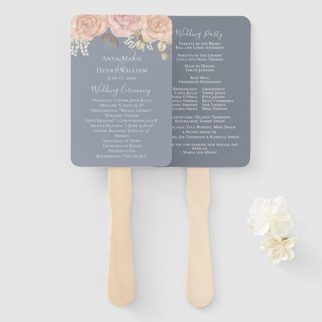 Elegant Wedding Floral Watercolor Rose Program Hand Fan (Front and Back)