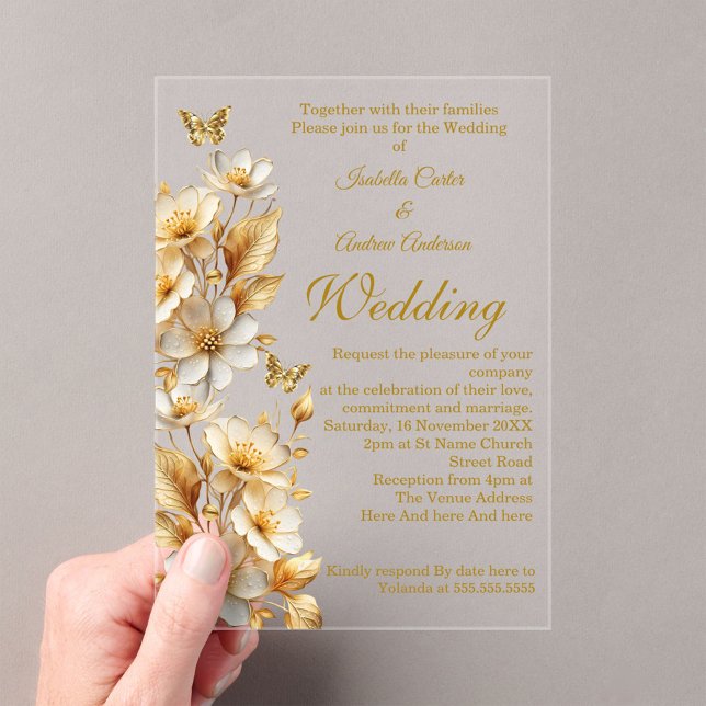 Elegant Wedding Floral White Gold Butterflies Acrylic Invitations (Creator Uploaded)