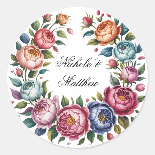 Elegant Wedding Floral Wreath Classic Round Sticker (Front)