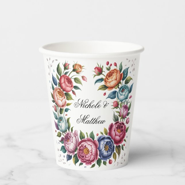 Elegant Wedding Floral Wreath Paper Cups (Front)