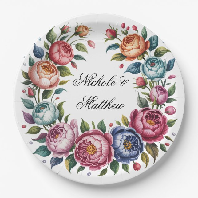 Elegant Wedding Floral Wreath Paper Plate (Front)