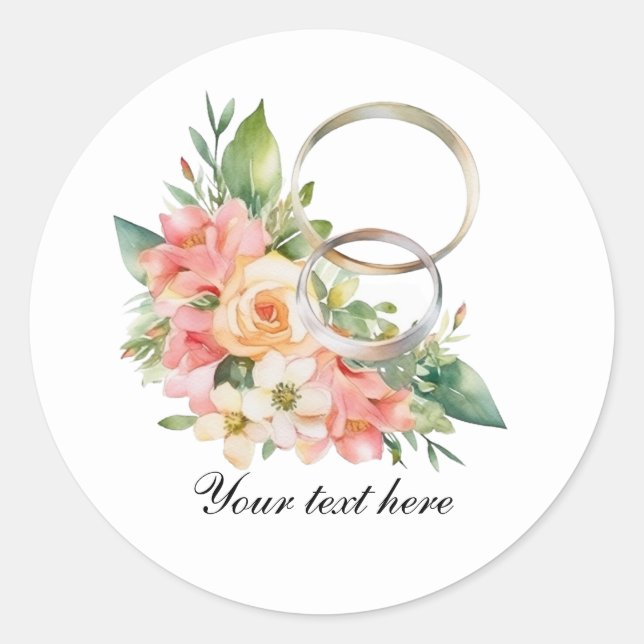 Elegant Wedding flowers and rings customisable  Classic Round Sticker (Front)