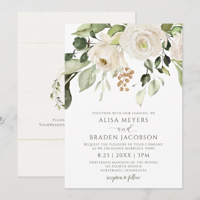Elegant Wedding Foliage Greenery Gold White Floral Invitation (Front/Back)