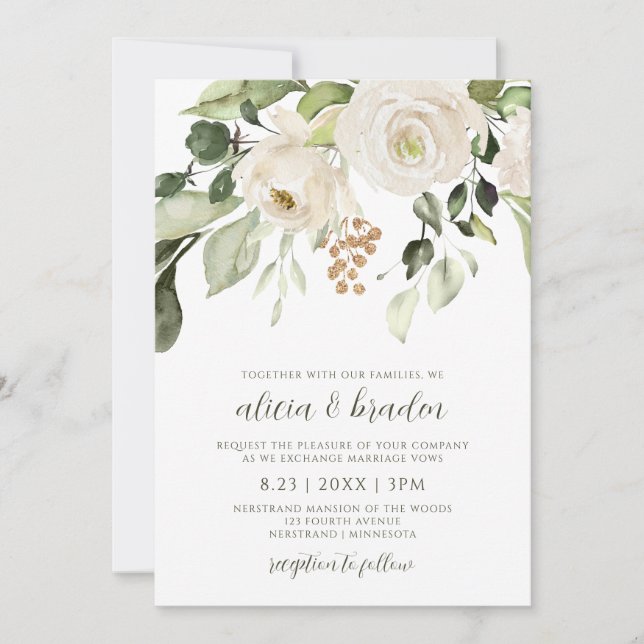 Elegant Wedding Foliage Greenery Gold White Floral Invitation (Front)