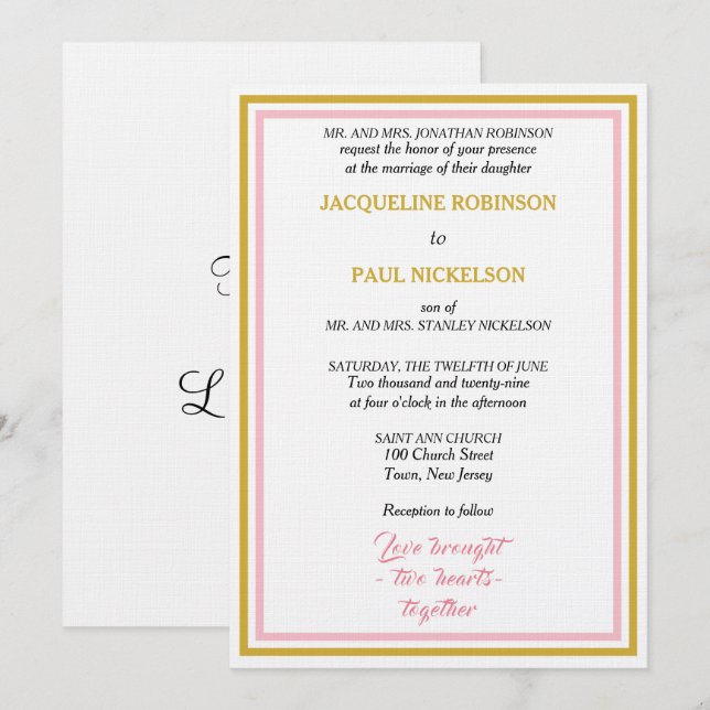 Elegant Wedding Geometric Pink Gold  Invitation (Front/Back)