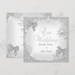 Elegant Wedding Glitter Silver White Bow Invitation
