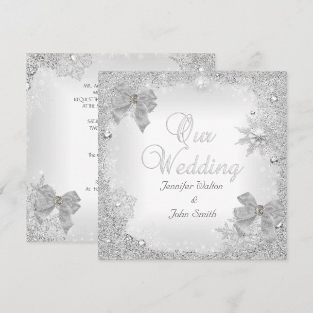 Elegant Wedding Glitter Silver White Bow Invitation (Front/Back)