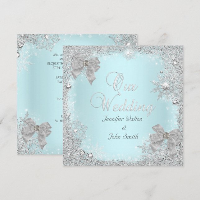 Elegant Wedding Glitter Teal Silver White Bow Invitation (Front/Back)