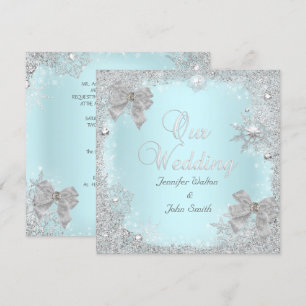 Elegant Wedding Glitter Teal Silver White Bow Invitation
