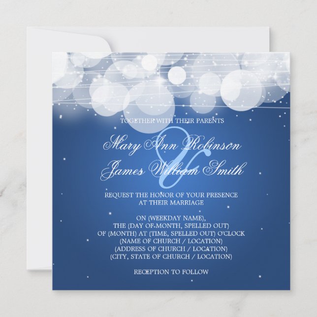 Elegant Wedding Glow & Sparkle Blue Invitation (Front)
