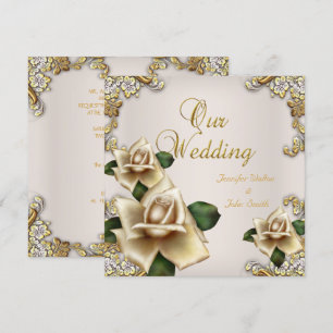 Elegant Wedding Gold Cream Beige Roses Invitation