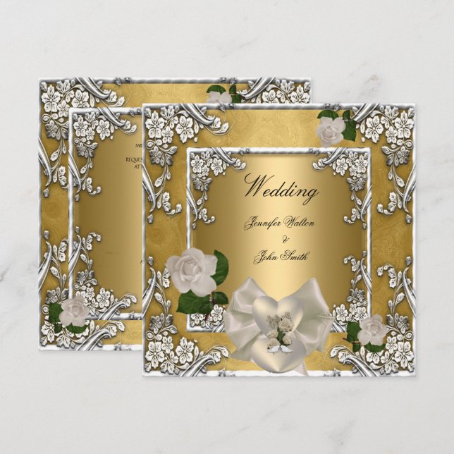 Elegant Wedding Gold Cream Rose Silver Invitation (Front/Back)
