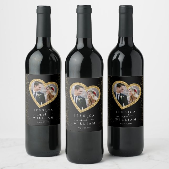 Elegant Wedding Gold Custom Photo Wine Label (Bottles)